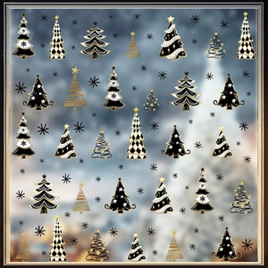 Golden and black Christmas tree window stickers with snowflake and star patterns