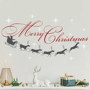 Merry Christmas wall decal with Santa's sleigh silhouette and red festive text for living room
