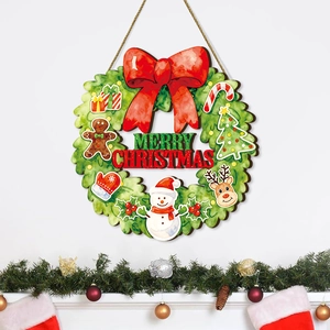 Panneau de porte de Noël en bois avec bonhomme de pain d'épice, bonhomme de neige et nœud
