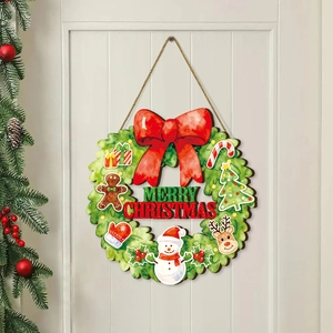 Plaque de porte Joyeux Noël en bois avec bonhomme de pain d'épices et décorations