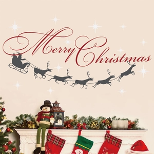 Merry Christmas Wall Sticker Santa Claus Reindeer Silhouette Waterproof PVC Self Adhesive Decal For Home Holiday Decor