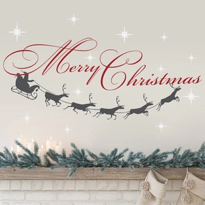 Christmas wall decal set with Merry Christmas lettering and Santa sleigh silhouette