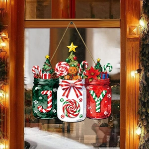 Décoration murale de Noël JOY en bois avec motifs bocaux Mason et rubans rouges festifs