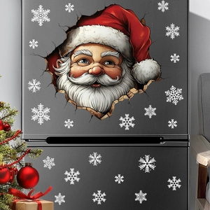 3D Santa Claus wall sticker set with festive white snowflakes and realistic broken wall effect