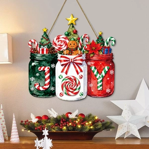 Décoration de Noël Festive JOY Plaque Murale en Bois Bocal Mason Bonhomme Pain Épices Sapin Maison Vacances