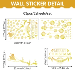 Detailed view of 63-piece golden Christmas window decals with size specifications