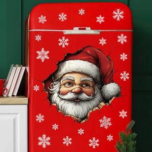 3D Santa Claus wall sticker with white snowflakes on a vintage red refrigerator