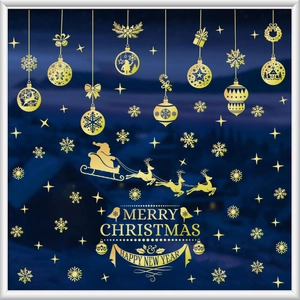 Golden Merry Christmas glass stickers with reindeer sled, snowflakes and hanging baubles
