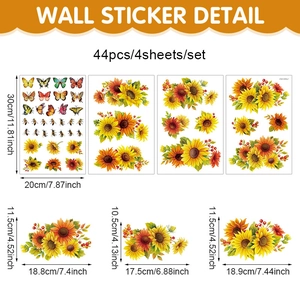 Detail view of sunflower, butterfly and bee window stickers with dimensions in centimeters