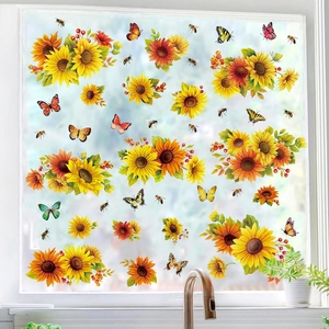 Vibrant sunflower and butterfly static PVC window decals for home glass decoration