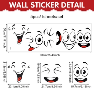 Detailed size chart showing five cartoon face expressions stickers for home decoration