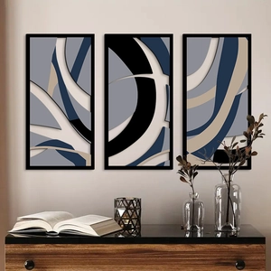 Abstract geometric 3-piece wall art set with minimalist black frame for modern living room