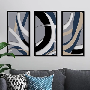 Modern abstract triptych wall art with geometric arc blocks in minimalist black frames