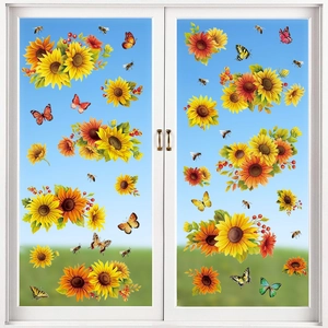 Printed Sunflower Butterfly Bee Window Cling Static PVC Stickers Glass Living Room Bedroom Home Decoration Floral Pattern