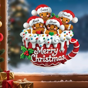 Customized gingerbread man Christmas stickers in a festive red mug for fridge decoration