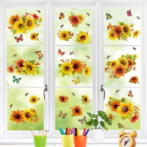 Vibrant sunflower and butterfly static window stickers for a fresh living room glass decor