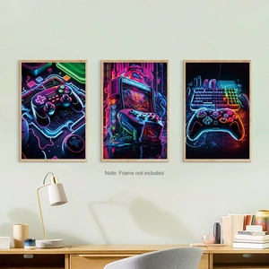 Three-piece cyberpunk gaming wall art canvas with neon controllers for game room decor