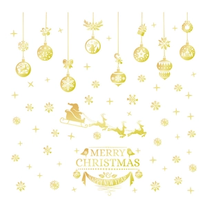 Golden Christmas wall stickers with Merry Christmas text, Santa sleigh, and snowflakes decals