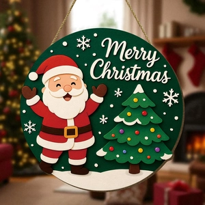 Détail de la plaque de porte Merry Christmas en bois avec Père Noël 3D et relief