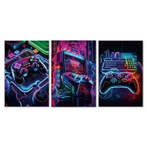 Cyberpunk style gaming wall art triptych featuring neon controller and keyboard design