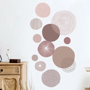 Detail of Bohemian Morandi circle wall stickers with abstract geometric patterns on a white wall