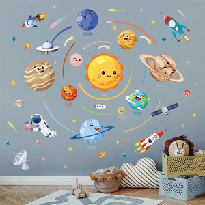 Cartoon space planet wall stickers with cute astronauts and stars for kids' bedroom