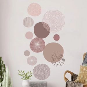 Detail of bohemian geometric round wall stickers in Morandi tones for living room decor