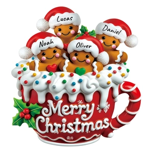 Christmas fridge stickers with personalized gingerbread men in a red Merry Christmas mug