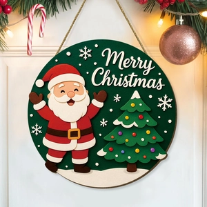 Détail d'une suspension de porte ronde en bois Merry Christmas avec Père Noël et neige
