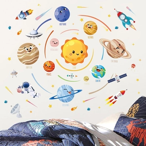 Cartoon solar system wall stickers with planets and astronauts for kids bedroom decor