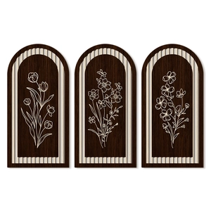 Set of 3 rustic wooden arch wall plaques with minimalist white floral line art decor