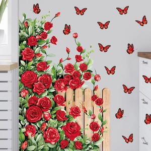 Romantic red rose wall stickers with green leaves, fence and butterflies for home decor