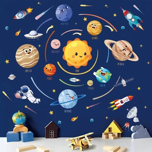Cartoon Solar System Space Wall Stickers For Kids Room Bedroom PVC Waterproof Astronaut Planets Rockets Stars Educational Nursery Decor