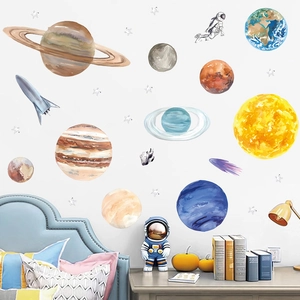 Detail of watercolor space wall stickers with astronauts and planets in a nursery room