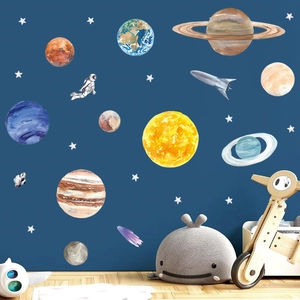 Detailed space wall stickers featuring planets and astronauts for kids bedroom decor