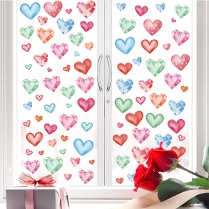 Bunte Herz-Fensteraufkleber zum Valentinstag mit roten Rosen und Geschenkbox-Dekor