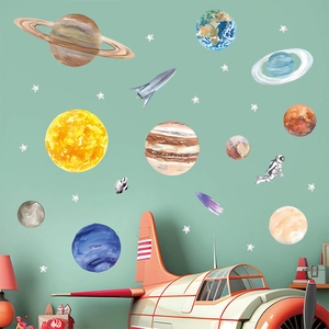 Detailed watercolor space wall decals with planets and astronauts in a kids bedroom