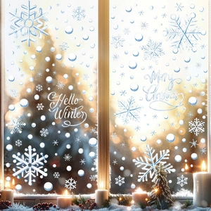 Blaue und weiße PVC-Fensteraufkleber mit Schneeflocken und Merry Christmas Schriftzug