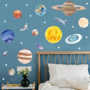 Detailed watercolor space wall decals featuring solar system planets and an astronaut