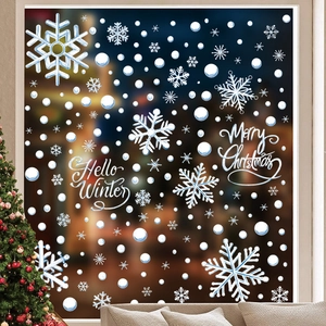 Blaue und weiße Weihnachts-Fensteraufkleber mit Schneeflocken und Hello Winter Schriftzug
