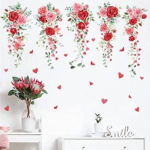 Red and pink rose wall stickers with green leaves and hearts for Valentine's home decor