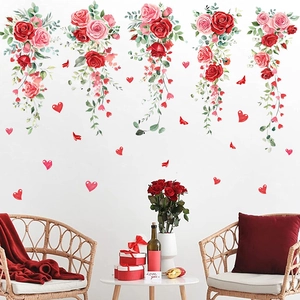 Romantic Valentine's Day red rose window stickers and PVC wall decals with heart patterns