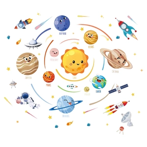 Cartoon solar system wall stickers with planets and astronauts for kids bedroom decor