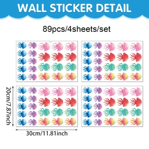 Lot de 4 planches avec 89 stickers muraux méduses avec dimensions et détails en PVC coloré