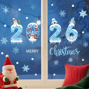 Blue snowman and snowflake static window clings with 2026 Merry Christmas decals