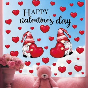 Valentine's Day window stickers featuring red hearts and cute gnomes with happy text