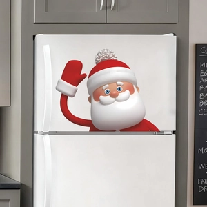3D cartoon Santa Claus PVC window decal shown on a white refrigerator for Christmas decor