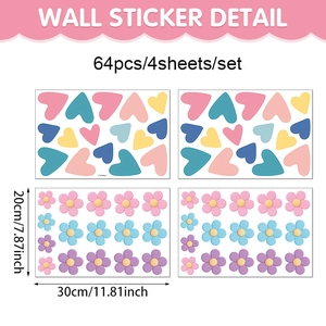 Détails du lot de 4 planches de stickers muraux cœurs et fleurs, dimensions de 30x20cm
