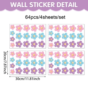 Lot de 64 stickers muraux fleurs macaron sur quatre feuilles de 30x20cm en détail