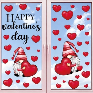 Valentine's Day Window Stickers Gnomes Red Heart Decals Cartoon Static Cling Glass Wall For Home Holiday Party Decor